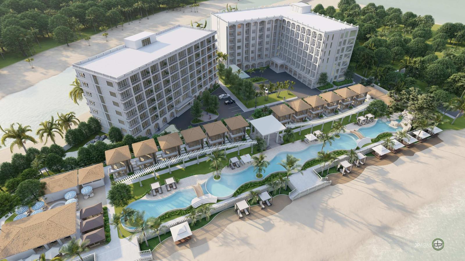 Aerial masterplan of the Del Mar beachfront resort, twin residential towers, the villa row, the serpentine infinity pool and the shoreline beyond.
