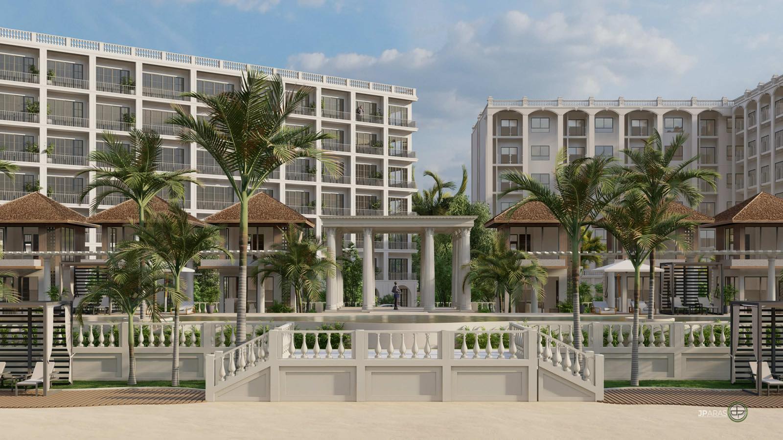 Arrival at the beachfront colonnade, seen from the sand, palms framing the balustrade, the reflecting pool and the residences rising behind.