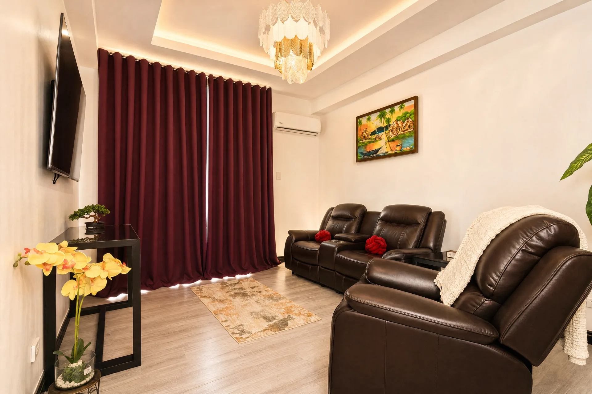 Open living room in ivory and crimson