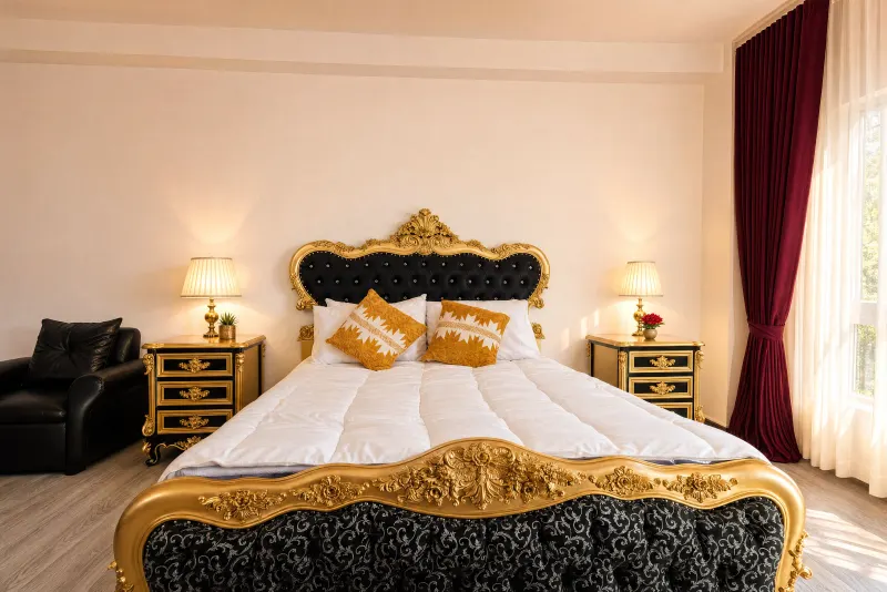 Gilded bed framed by crimson drapery