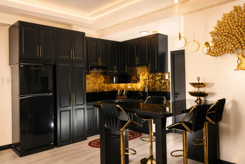Black lacquer kitchen with gold detailing