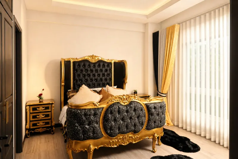Master bedroom with carved gold bedstead