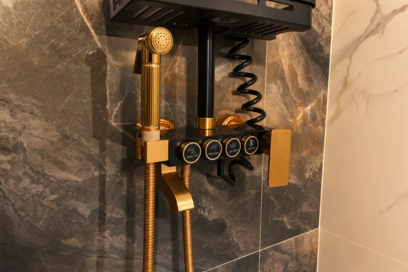 Shower in dark marble with gold fittings