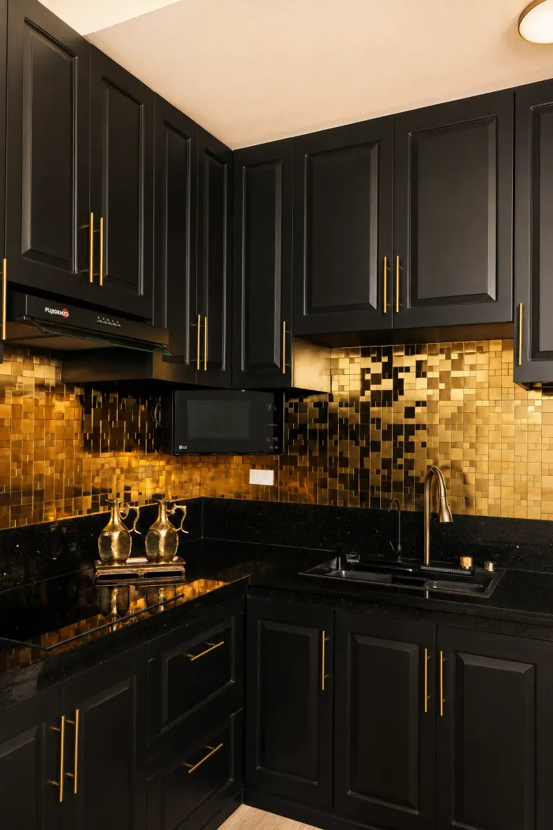 Gold mosaic backsplash and black stone counters