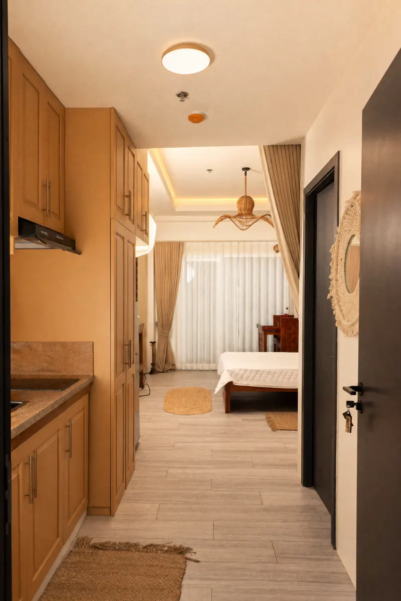 Studio entry hall opening through to the bedroom